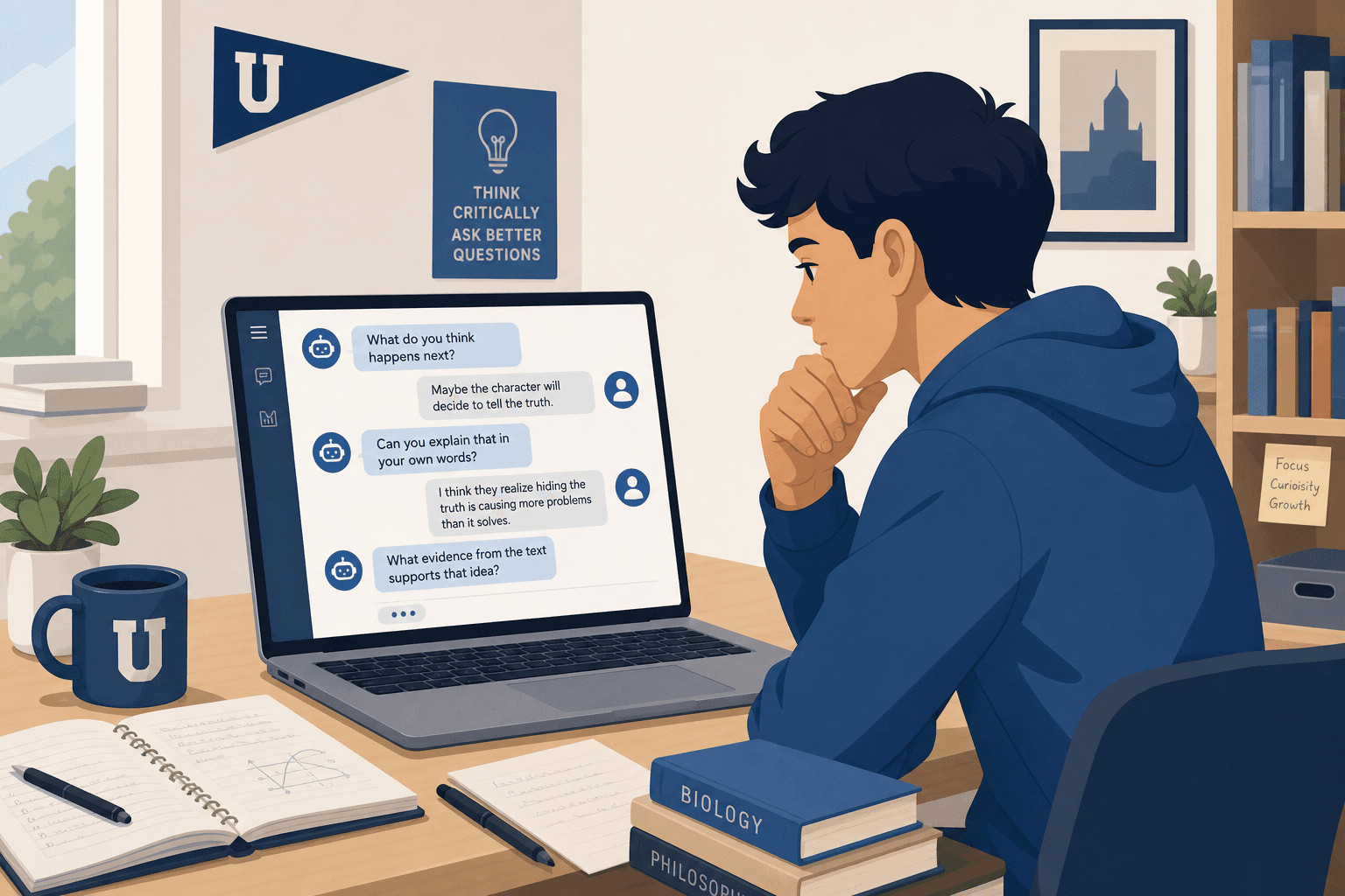 College student sitting at a desk with a laptop, leaning forward thoughtfully while a conversational chat interface with guiding questions is visible on the screen.