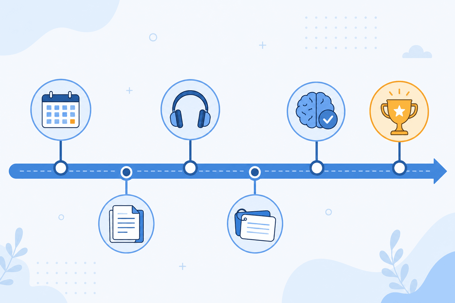 A flat-design illustration of a horizontal study workflow path with six milestone nodes representing a structured exam preparation countdown timeline.