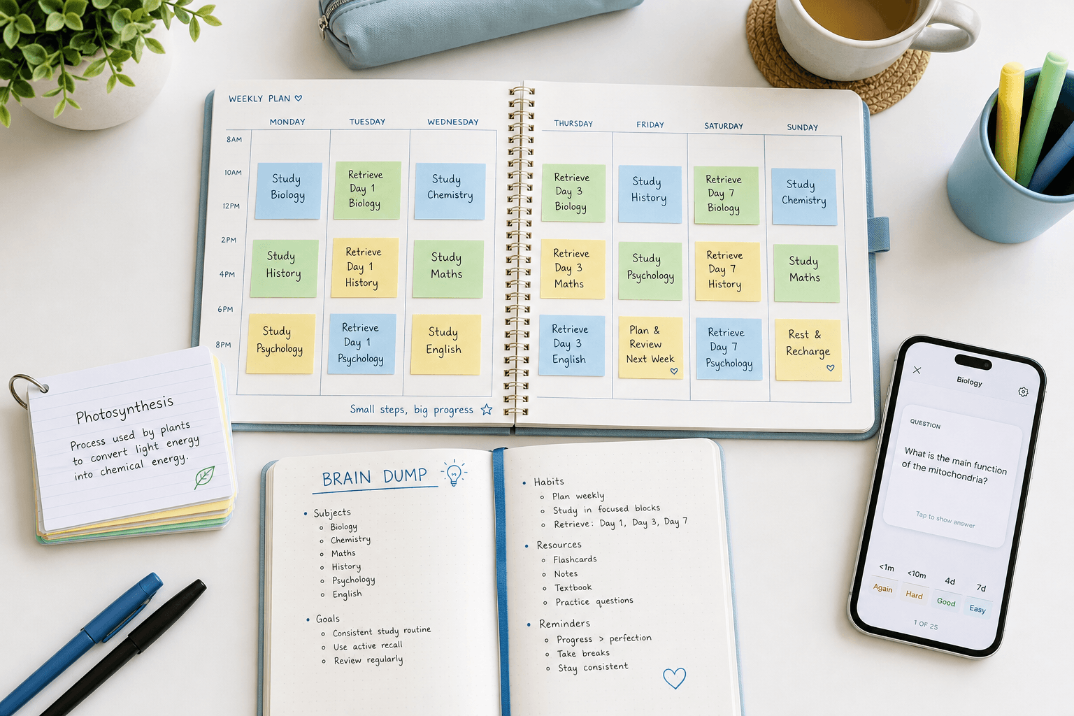Top-down flat-lay of a weekly planner with labeled study blocks across seven days — Study, Retrieve Day 1, Retrieve Day 3, Retrieve Day 7 — alongside flashcards, a brain dump notebook, and a flashcard app on a smartphone.