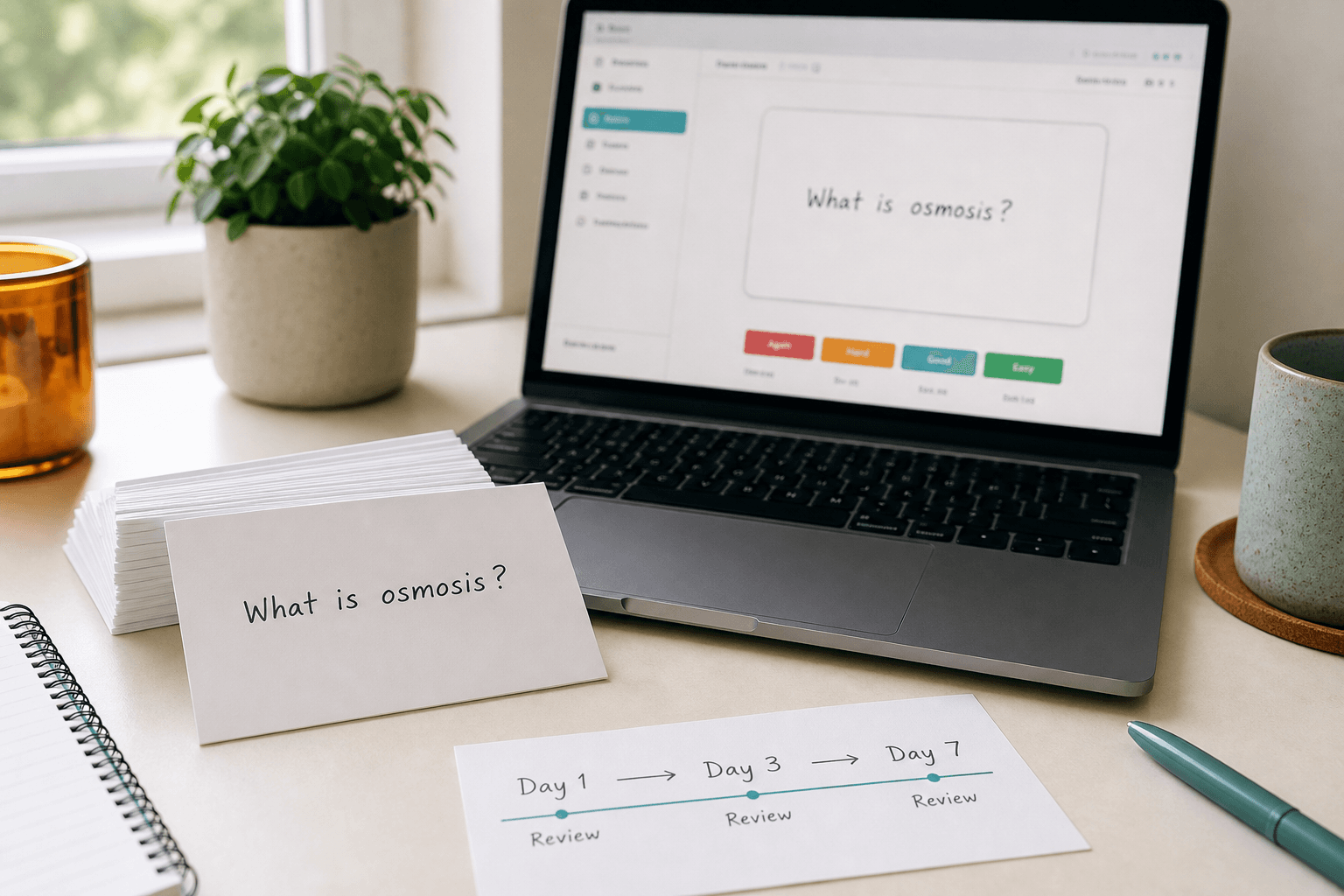 A neat stack of index cards next to a laptop showing a blurred flashcard app, with a handwritten 'What is osmosis?' card on top and a Day 1 → Day 3 → Day 7 spaced repetition timeline sketched nearby.