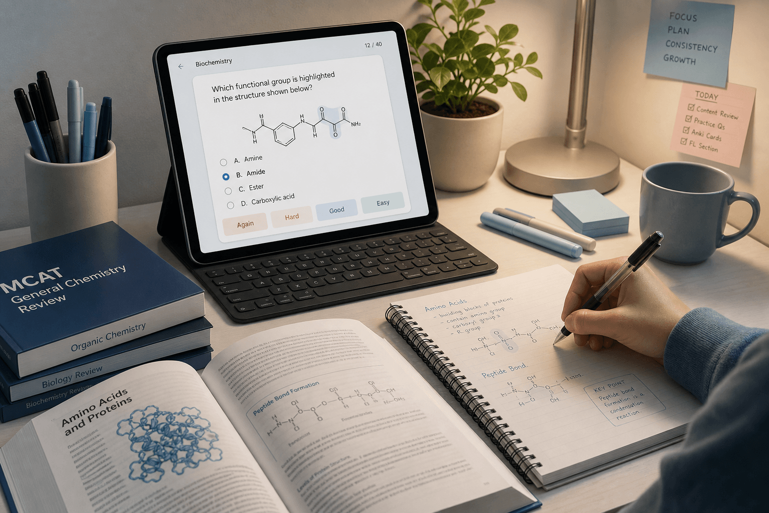 A pre-med student at a tidy desk with a laptop showing a biochemistry flashcard, surrounded by MCAT prep books and handwritten notes.