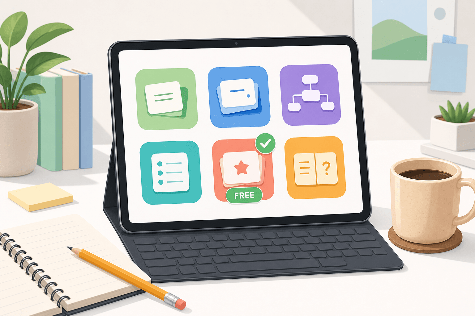 Flat-design illustration of a student desk with a tablet showing six colorful abstract flashcard app icons, one with a free badge and green checkmark.