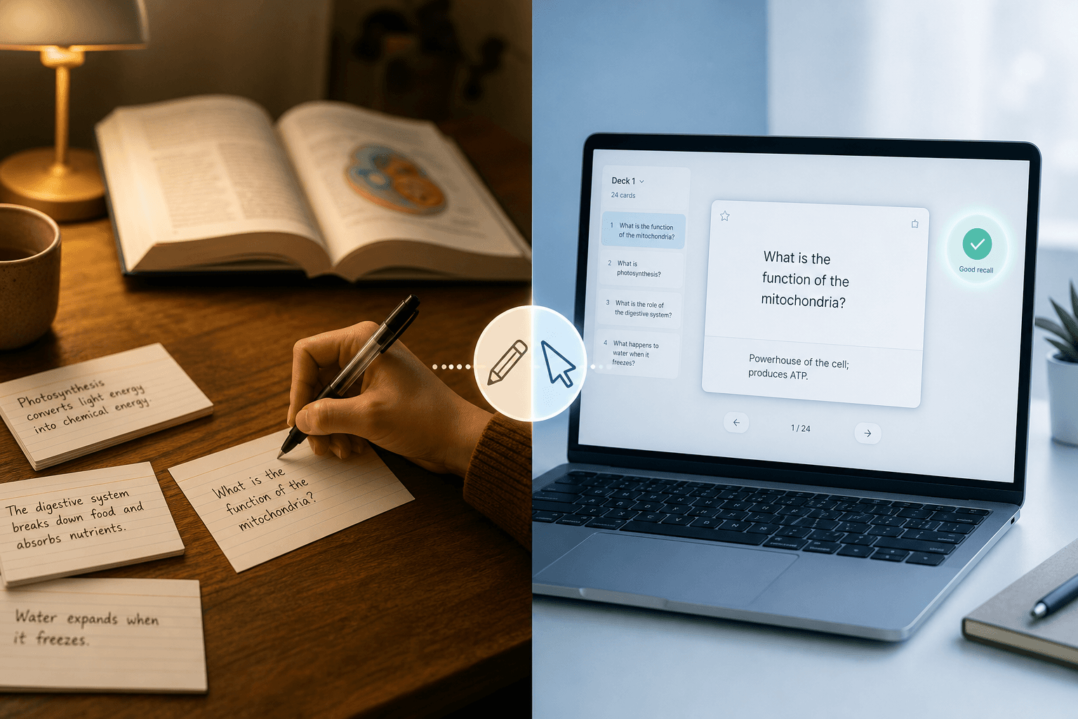 Split-screen illustration contrasting handwritten flashcards on a warm-lit desk on the left with a clean digital flashcard deck on a laptop screen on the right, with a pencil-to-cursor transition element in the center.