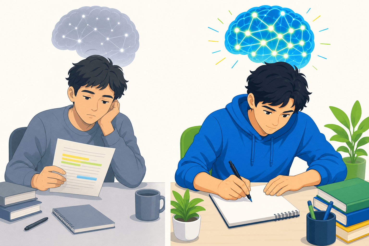 Split illustration: left side shows a student passively rereading highlighted notes with dim neural connections; right side shows the same student actively writing from memory with bright, densely connected neural pathways.