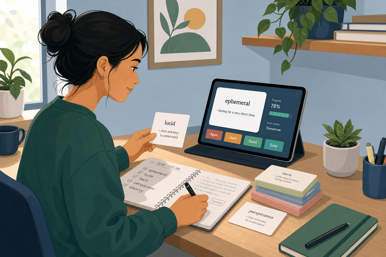 A focused graduate student studies at a clean modern desk with a tablet showing a digital flashcard interface and a small stack of physical study cards beside open notes.