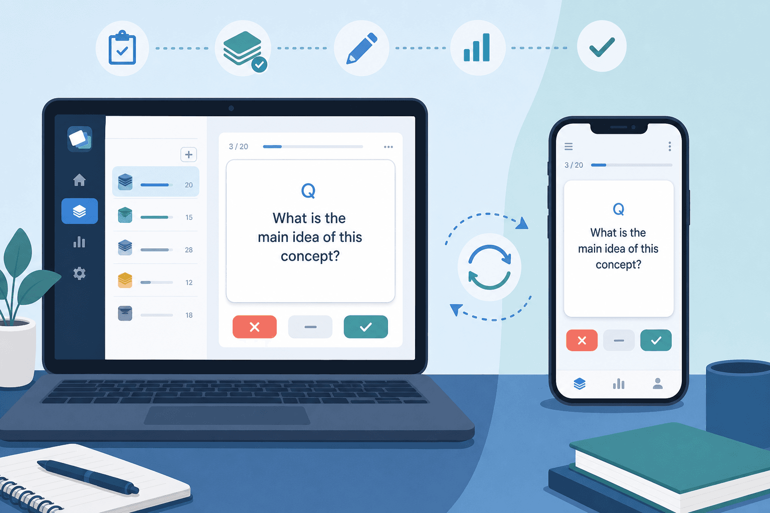 Flat illustration showing a laptop with an Anki deck interface on the left and a smartphone with a mobile review session on the right, connected by a sync arrow