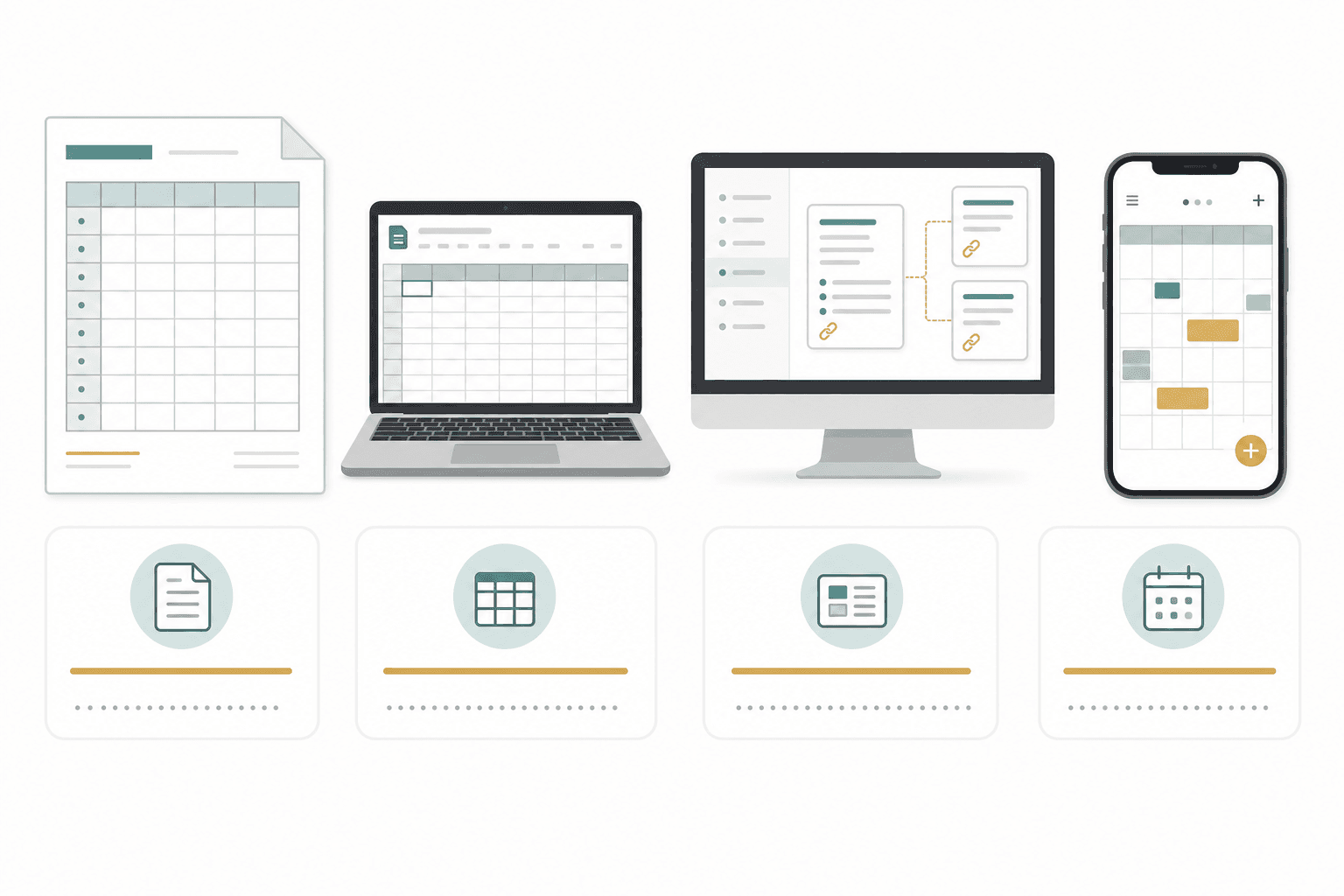 Four study planner format types shown side by side: a printed paper grid, a laptop with a spreadsheet, a desktop with a linked database layout, and a smartphone with a calendar block interface.