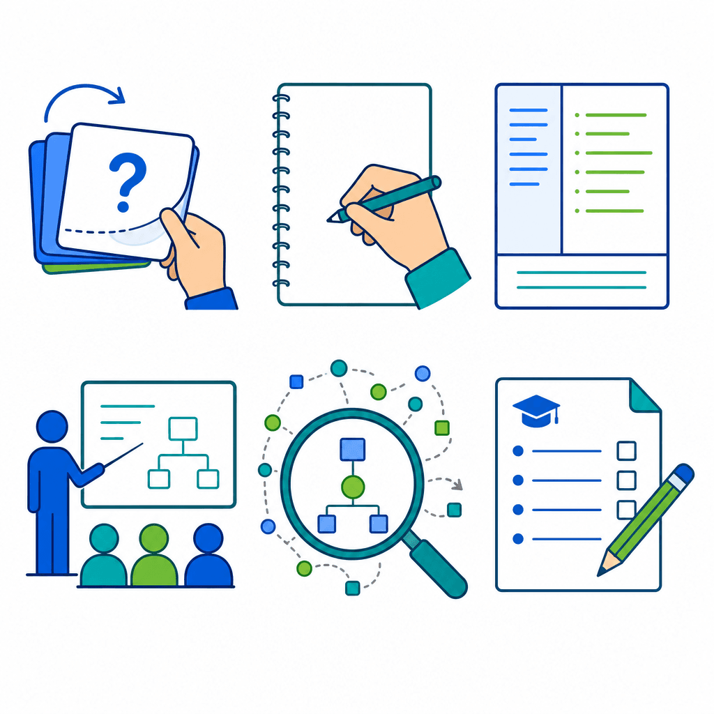 A 2×3 icon grid showing six active recall methods: a flashcard being flipped, a hand writing from memory, a Cornell note sheet, a figure explaining at a whiteboard, a magnifying glass simplifying a diagram, and a past exam paper with a pencil.