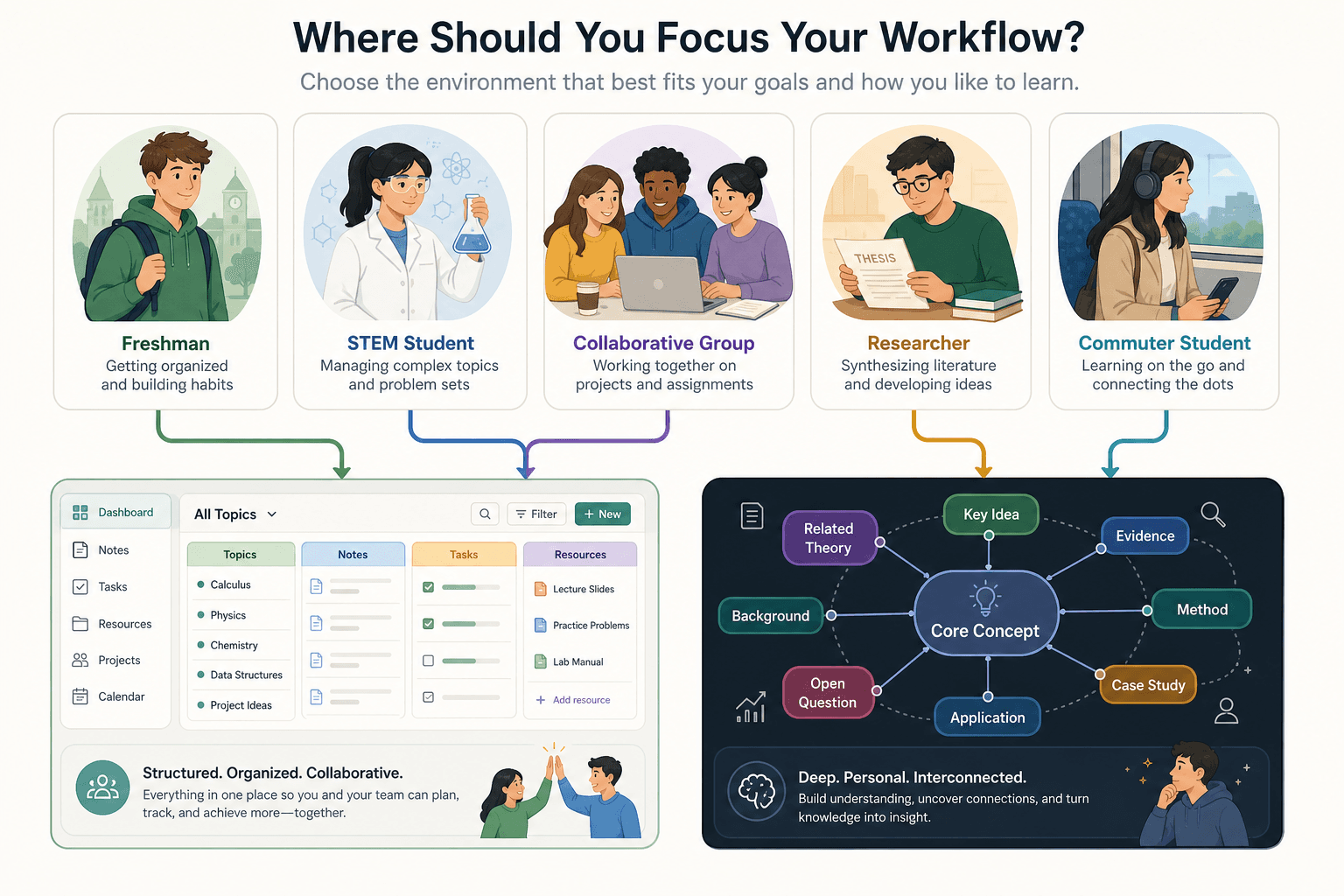 Decision flowchart showing five student types — freshman, STEM student, collaborative group, researcher, and commuter — each connected by arrows to either a structured database workspace or a dark-mode knowledge graph