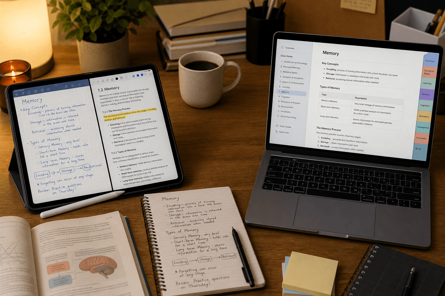 Split-screen of a student desk showing an iPad with handwritten GoodNotes on the left and a laptop with typed OneNote on the right, with textbooks in the center.