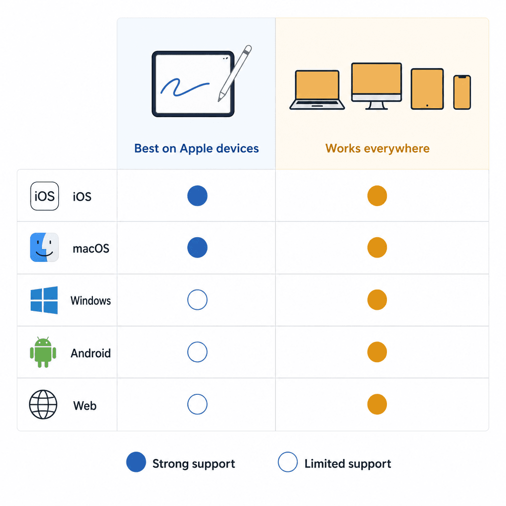 Diagram comparing platform availability for GoodNotes and OneNote across iOS, macOS, Windows, Android, and Web, showing full and limited support indicators.